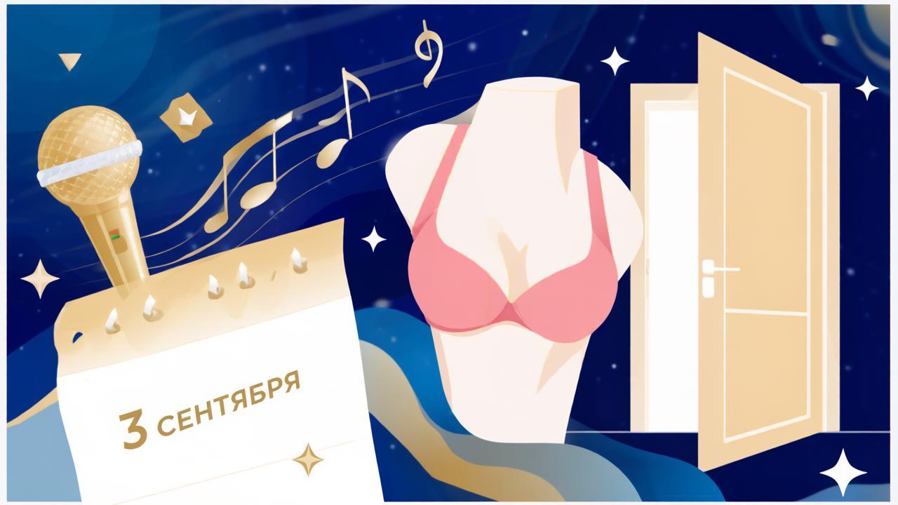 Коллаж из символов праздников 3 сентября: календарь с нотами, бюстгальтер и открытая дверь на звёздном фоне